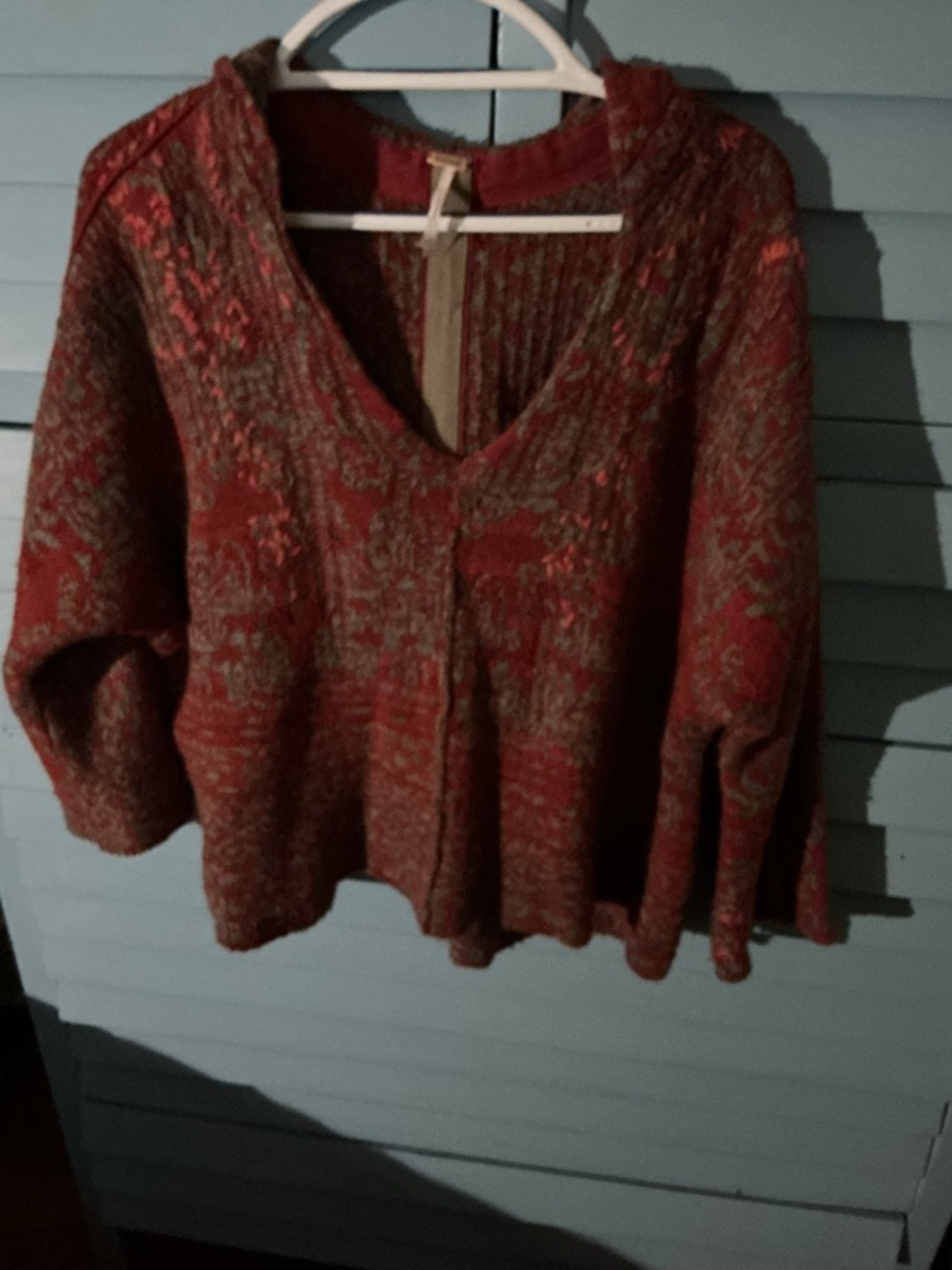 Free People Red and Olive Patterned V-Neck SweaterFree People Sweater